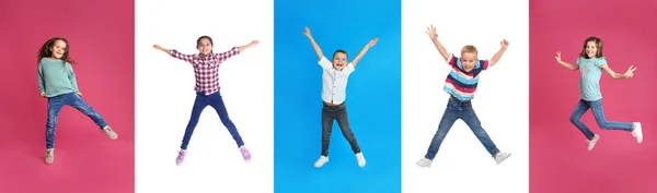 Collage Van Springende Schoolkinderen Kleurrijke Achtergronden Banner Ontwerp — Stockfoto