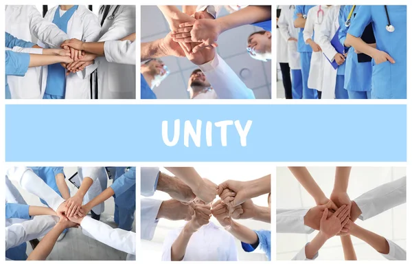 Concepto Unidad Collage Con Equipo Trabajadores Médicos Primer Plano — Foto de Stock