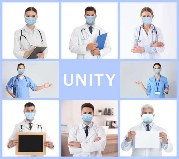 Concepto Unidad Collage Con Equipo Médicos Con Máscaras Médicas — Foto de Stock