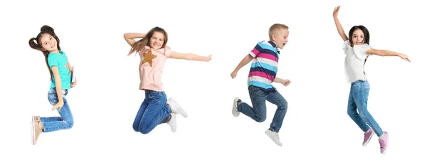Collage Jumping Schoolchildren White Background Banner Design Royalty Free Stock Images
