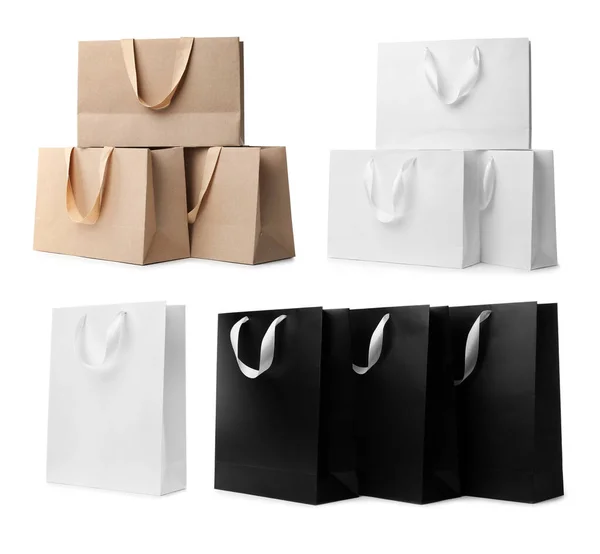 Set Met Verschillende Papieren Boodschappentassen Witte Achtergrond — Stockfoto