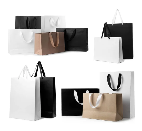 Állítsa Különböző Papír Bevásárló Táskák Fehér Háttér — Stock Fotó