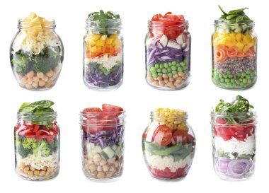 Set of different jars with healthy salads on white background  clipart