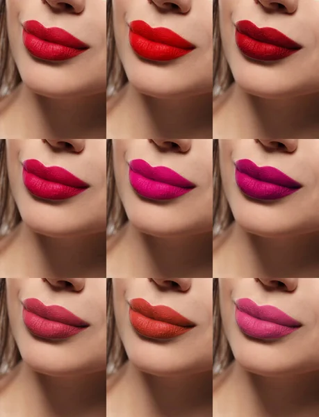 Jeune Femme Avec Des Rouges Lèvres Couleur Différente Collage — Photo
