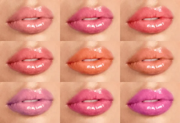 Junge Frau Mit Verschiedenfarbigen Lippenstiften Collage — Stockfoto