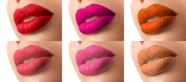 Vrouw Met Verschillende Kleuren Lipsticks Collage Banner Ontwerp — Stockfoto