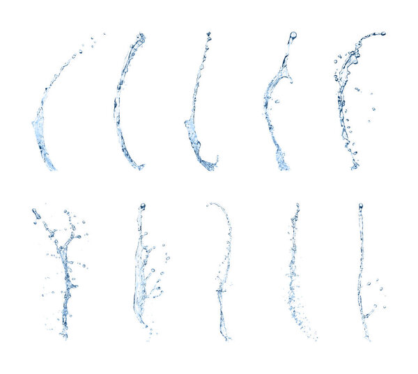 Set with clear water splashes on white background