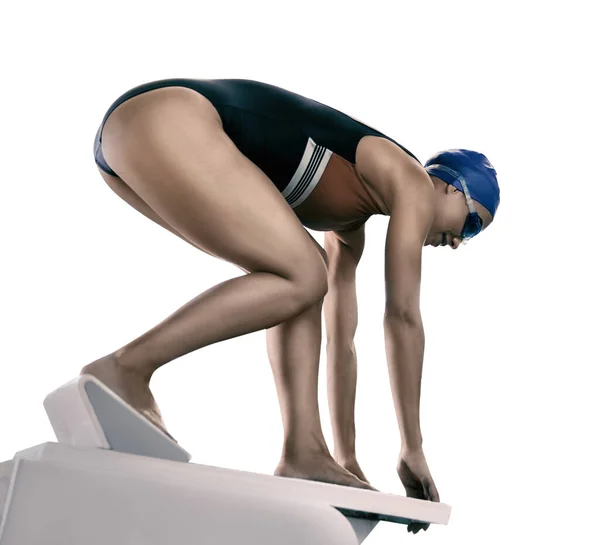 Jonge Atletische Vrouw Voorbereiding Voor Sprong Uit Zwemmen Startblok Witte — Stockfoto