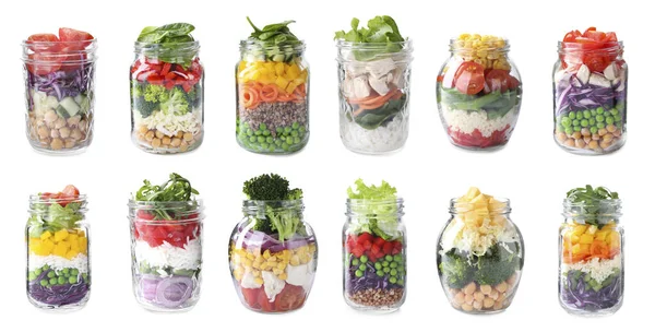 白い背景に健康的なサラダと異なる瓶のセット — ストック写真