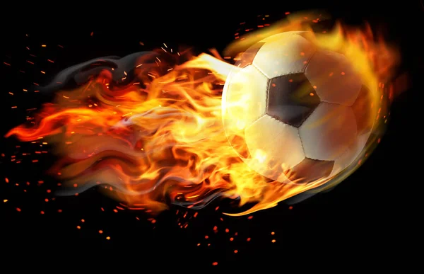 Piłka Nożna Jasnym Płomieniem Latającym Czarnym Tle — Zdjęcie stockowe