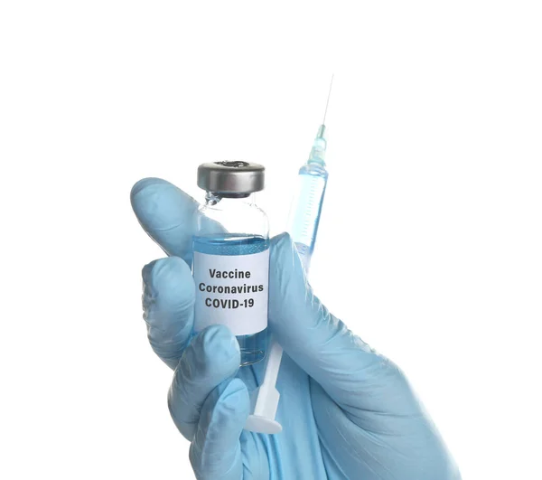 Médico Sosteniendo Vacuna Contra Coronavirus Jeringa Sobre Fondo Blanco Primer —  Fotos de Stock