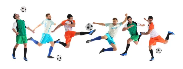 Collage Photos Young Men Playing Football White Background Banner Design — Stock Photo, Image