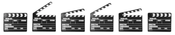 Set Clapper Boards White Background Banner Design Cinema Production — Stock Photo, Image
