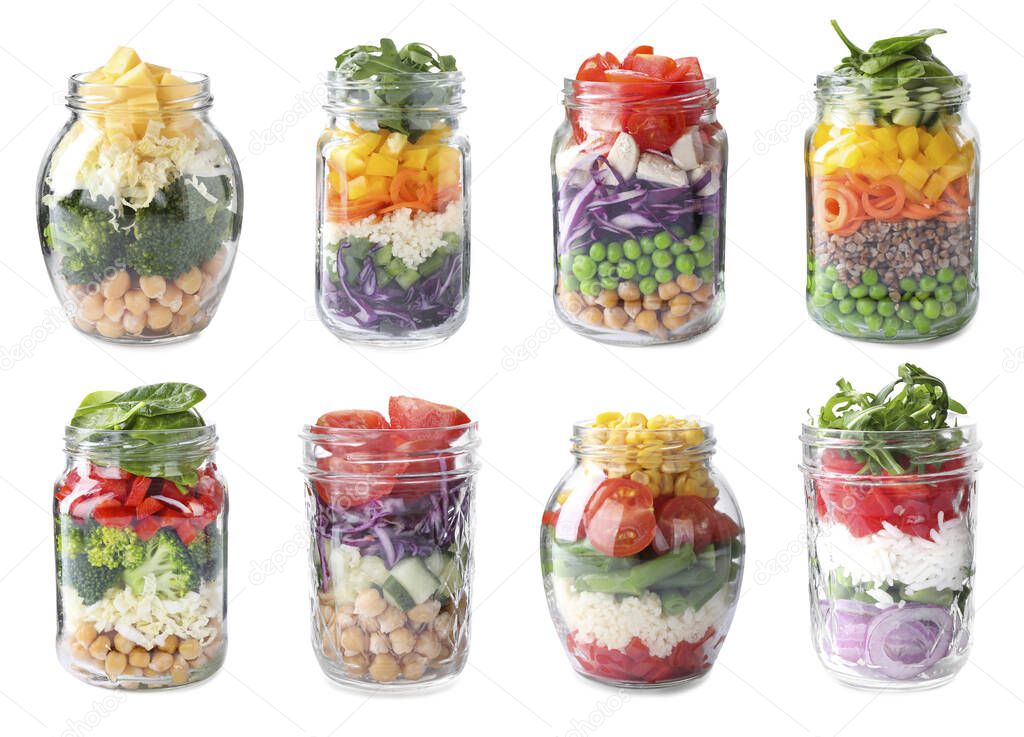 Set of different jars with healthy salads on white background 