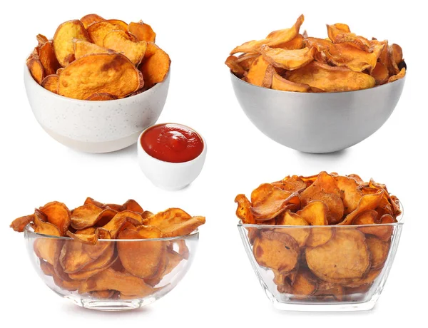 Set Van Kommen Met Zoete Aardappel Chips Witte Achtergrond — Stockfoto