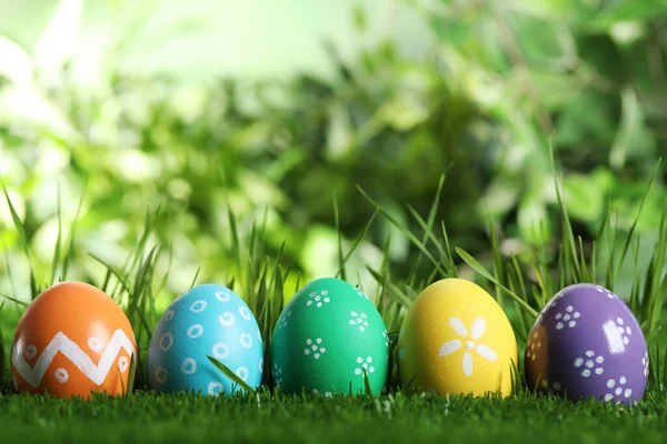 Colorful Easter Eggs Green Grass Space Text — Stock Photo, Image