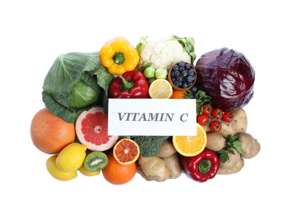 Notatka Papierowa Frazą Vitamin Świeżymi Produktami Białym Tle Widok Góry — Zdjęcie stockowe