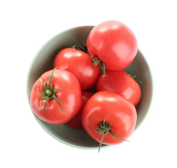 Bol Tomates Biologiques Fraîches Mûres Isolées Sur Blanc Vue Dessus — Photo