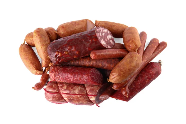 Different Types Sausages White Background Top View — Stock Photo, Image