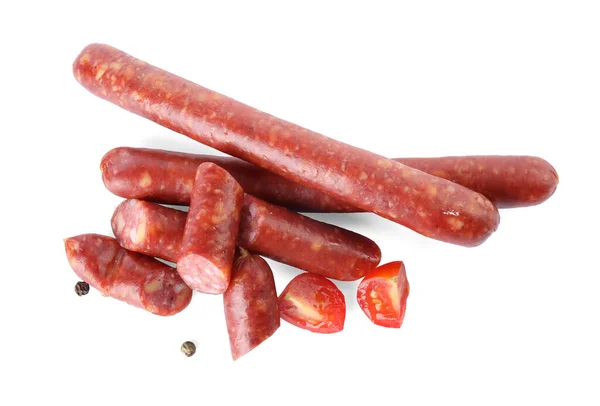 Delicious Smoked Sausages Tomato Pepper White Background Top View — Stock Photo, Image