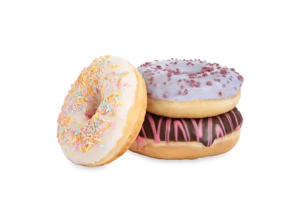 Zoete Smakelijke Geglazuurde Donuts Witte Achtergrond — Stockfoto