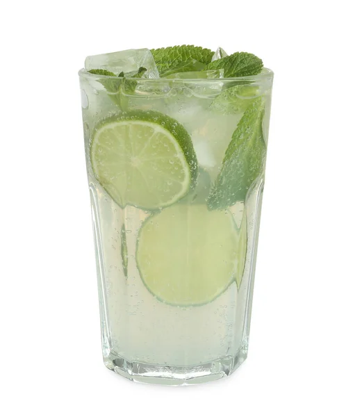 Sabroso Cóctel Mojito Con Cubitos Hielo Aislados Blanco —  Fotos de Stock