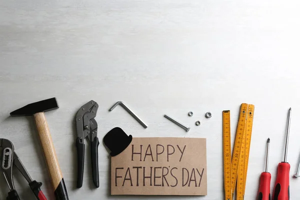 Card Words Happy Father Day Tools White Background Flat Lay — Stock Photo, Image