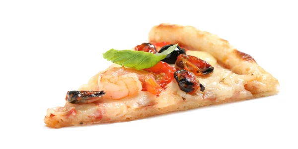 Кусок Вкусной Пиццы Морепродуктами Изолированными Белом — стоковое фото