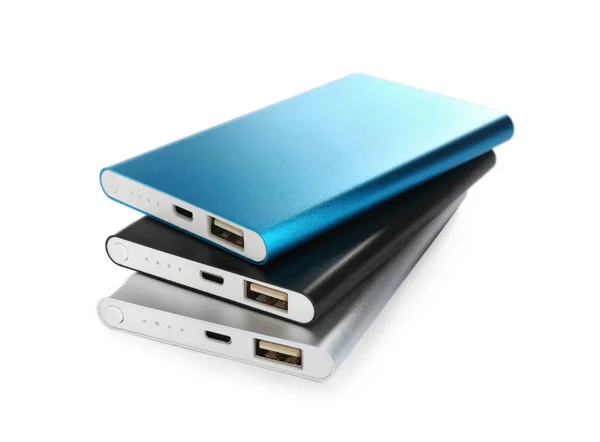 Modern External Portable Chargers Isolated White — Stock Photo, Image