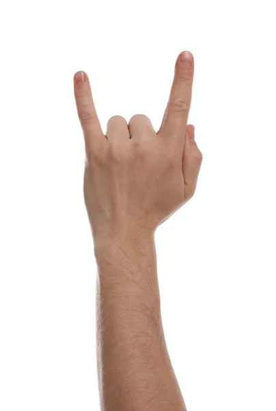 Man Showing Rock Gesture White Background Closeup Hand — Stock Photo, Image