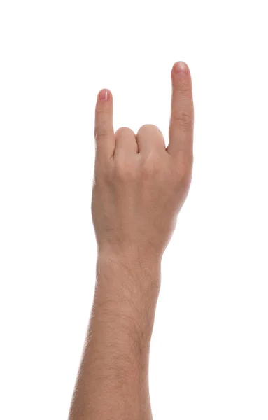 Man Showing Rock Gesture White Background Closeup Hand — Stock Photo, Image