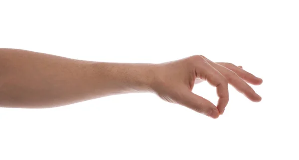 Mann Hält Etwas Vor Weißem Hintergrund Nahaufnahme Der Hand — Stockfoto