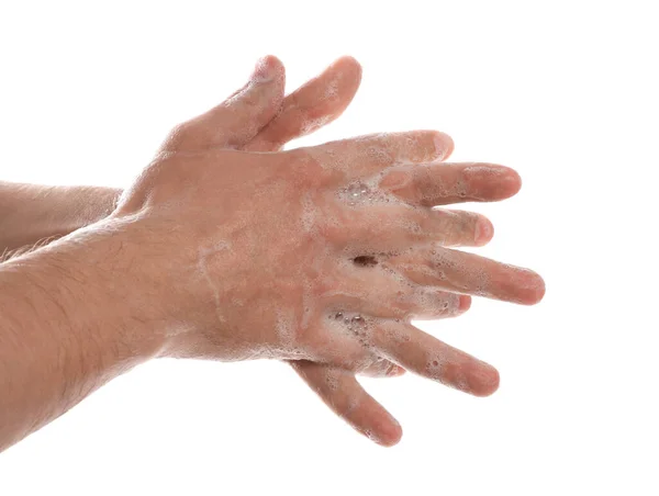 Mężczyzna Myje Ręce Mydłem Białym Tle Zbliżenie — Zdjęcie stockowe