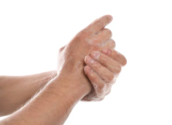 Beyaz Arka Planda Sabunla Ellerini Yıkayan Adam Yakın Plan — Stok fotoğraf