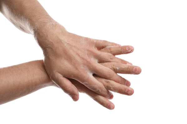 Man Wassen Handen Met Zeep Witte Achtergrond Close — Stockfoto