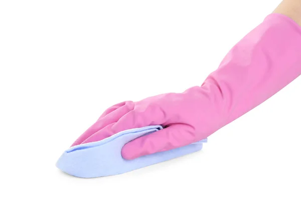Persoon Rubberen Handschoen Met Vod Witte Achtergrond Close Van Hand — Stockfoto