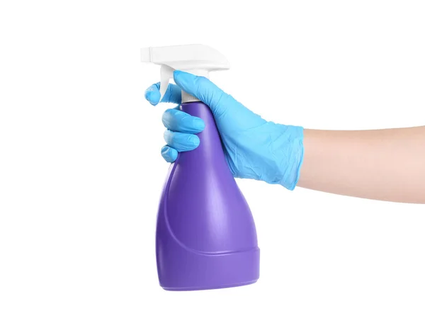 Mujer Guantes Látex Azul Con Detergente Aerosol Sobre Fondo Blanco — Foto de Stock