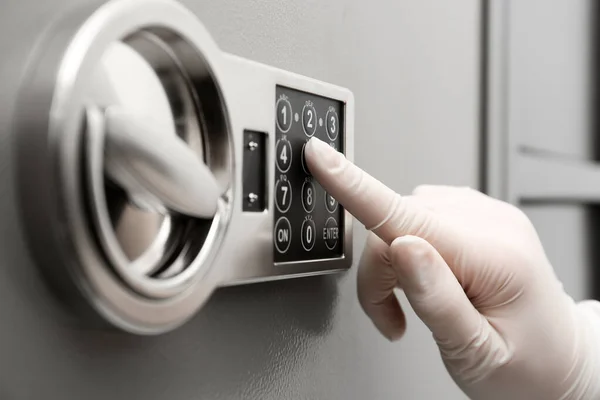 Woman Gloves Entering Code Keypad Modern Safe Closeup — Stock Photo, Image