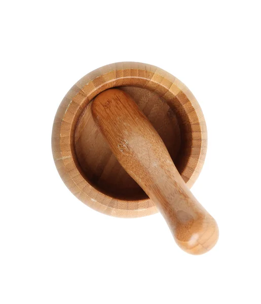 Wooden Mortar Pestle Isolated White Top View Cooking Utensils — Stock Photo, Image