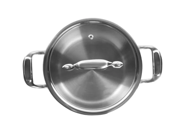 Pot Masak Baru Diisolasi Pada Putih Top View Peralatan Dapur — Stok Foto