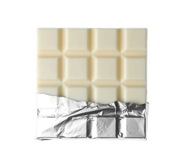 Deliciosa Barra Chocolate Envuelta Papel Aluminio Aislado Blanco — Foto de Stock