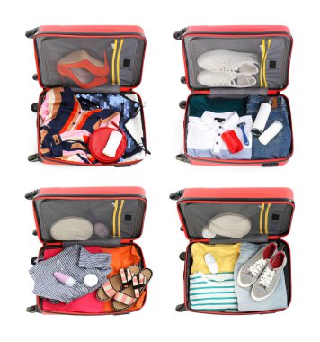 Beyaz arka planda seyahat etmek için hazırlanmış farklı bavullar.