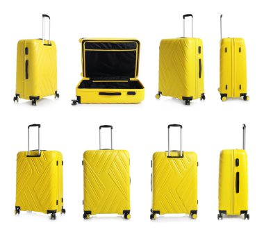 Beyaz arkaplanda sarı bavullar.