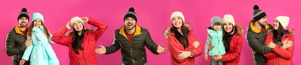 Коллаж Фотографиями Людей Теплой Одежде Розовом Фоне Баннер Дизайн Зимние — стоковое фото