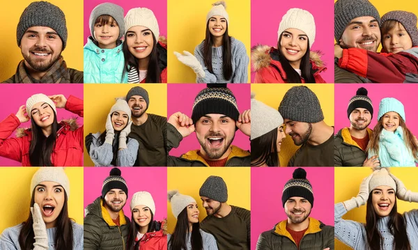 Kolaż Zdjęciami Ludzi Noszących Ciepłe Ubrania Różnych Tłach Zimowe Wakacje — Zdjęcie stockowe