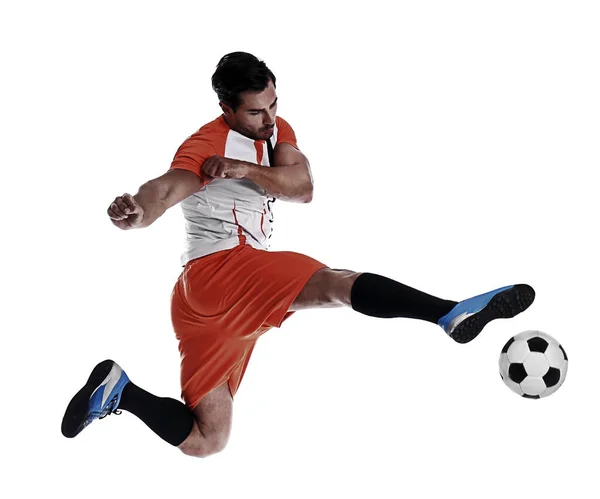 Joven Jugando Fútbol Sobre Fondo Blanco —  Fotos de Stock