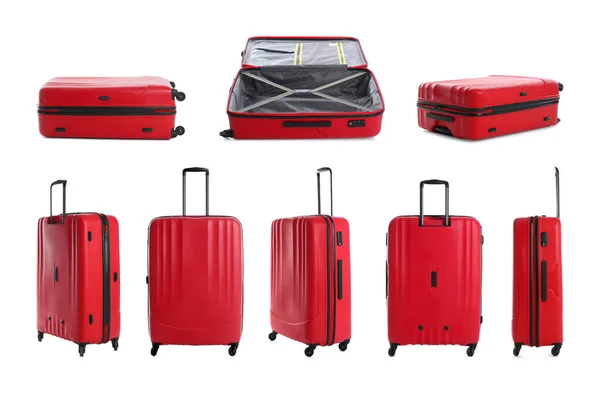 Set Roter Koffer Auf Weißem Hintergrund — Stockfoto