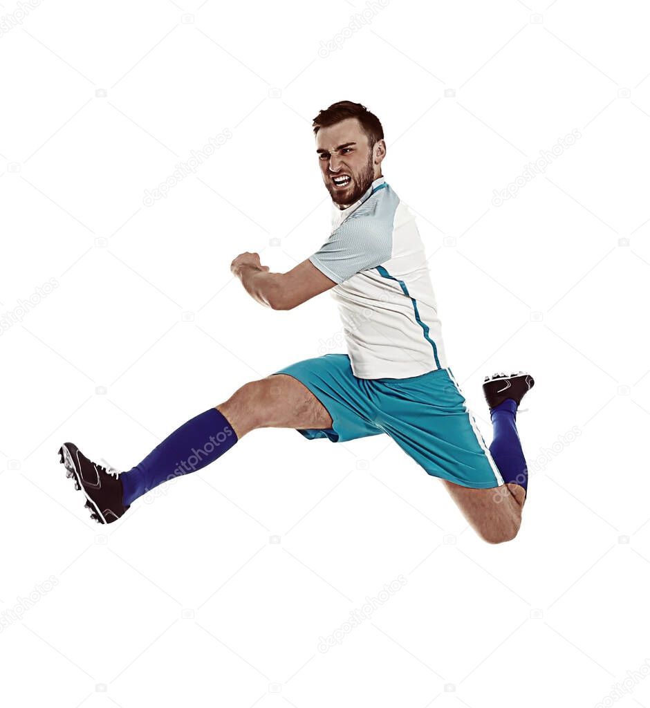 Young man playing football on white background