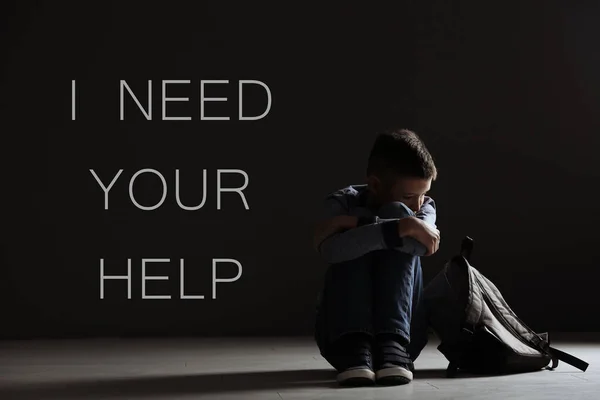 Upset Boy Backpack Dark Room Text Need Your Help — Stock Photo, Image