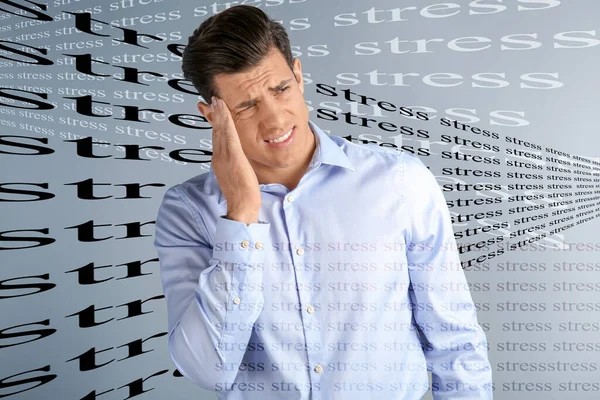 Man Suffering Depression Words Stress Grey Background — Stock Photo, Image